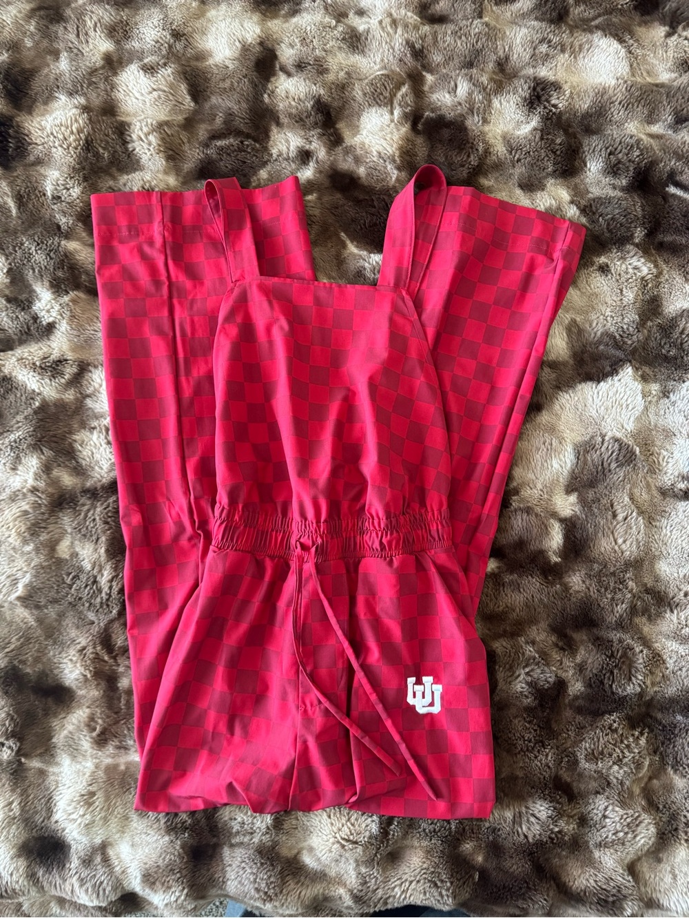 Red Checkerboard Jumpsuit with White 'OU' Logo